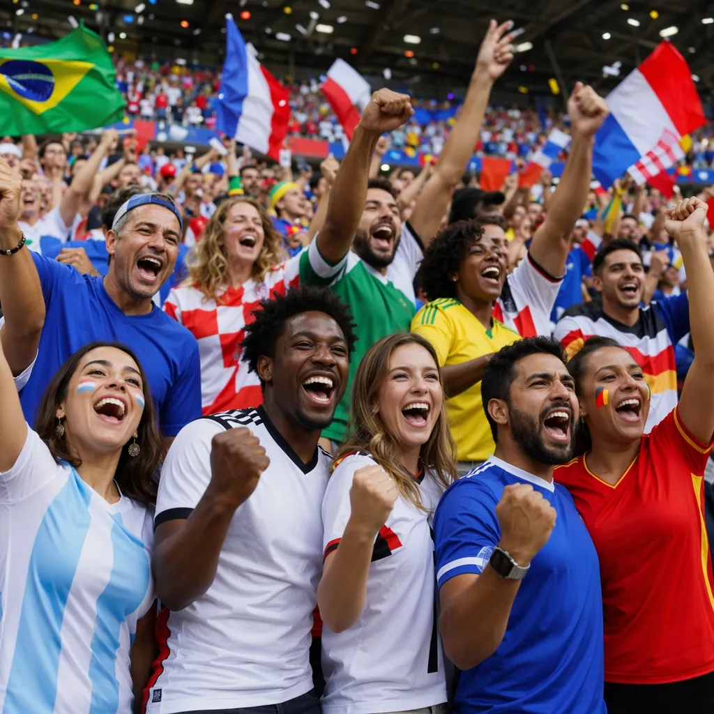 Wide shot of diverse football fans wearing generic national team jerseys celebra