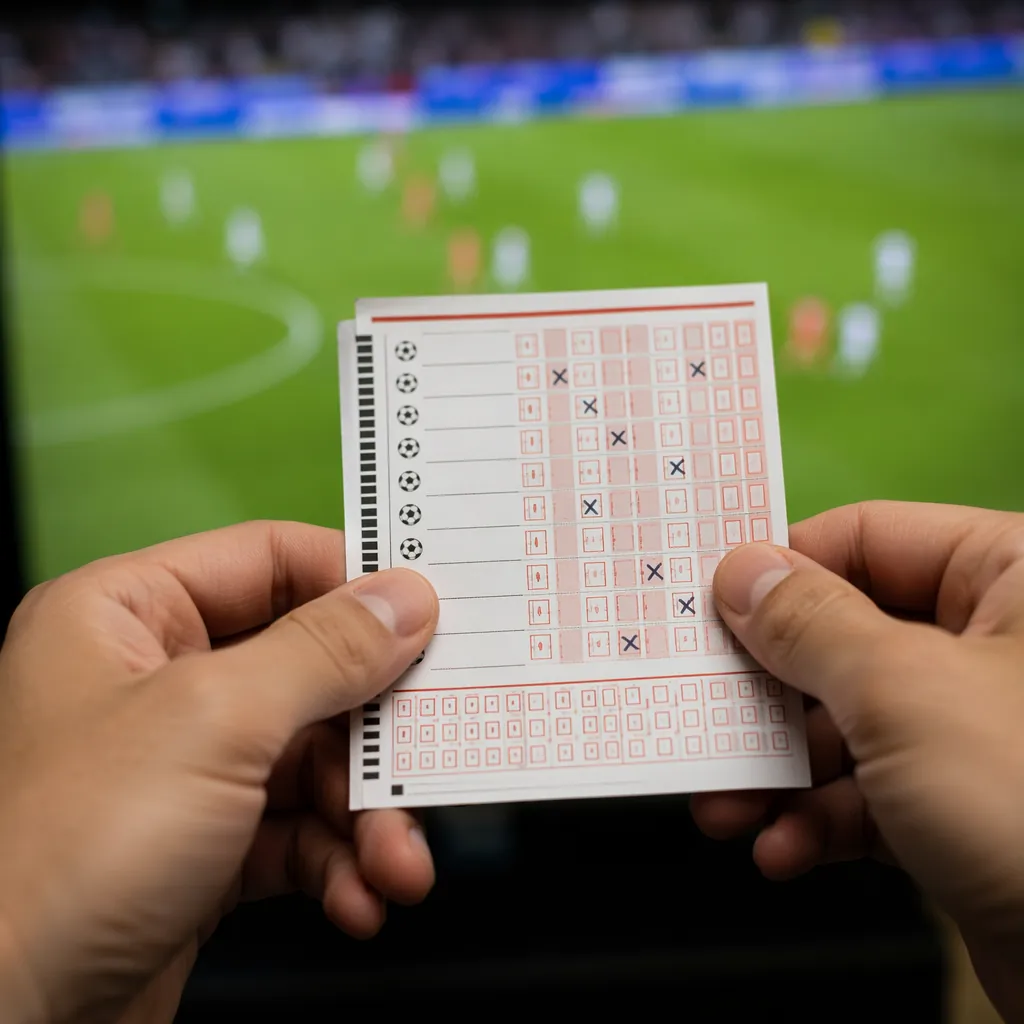Close up of hands holding a printed sports lottery ticket with football match op