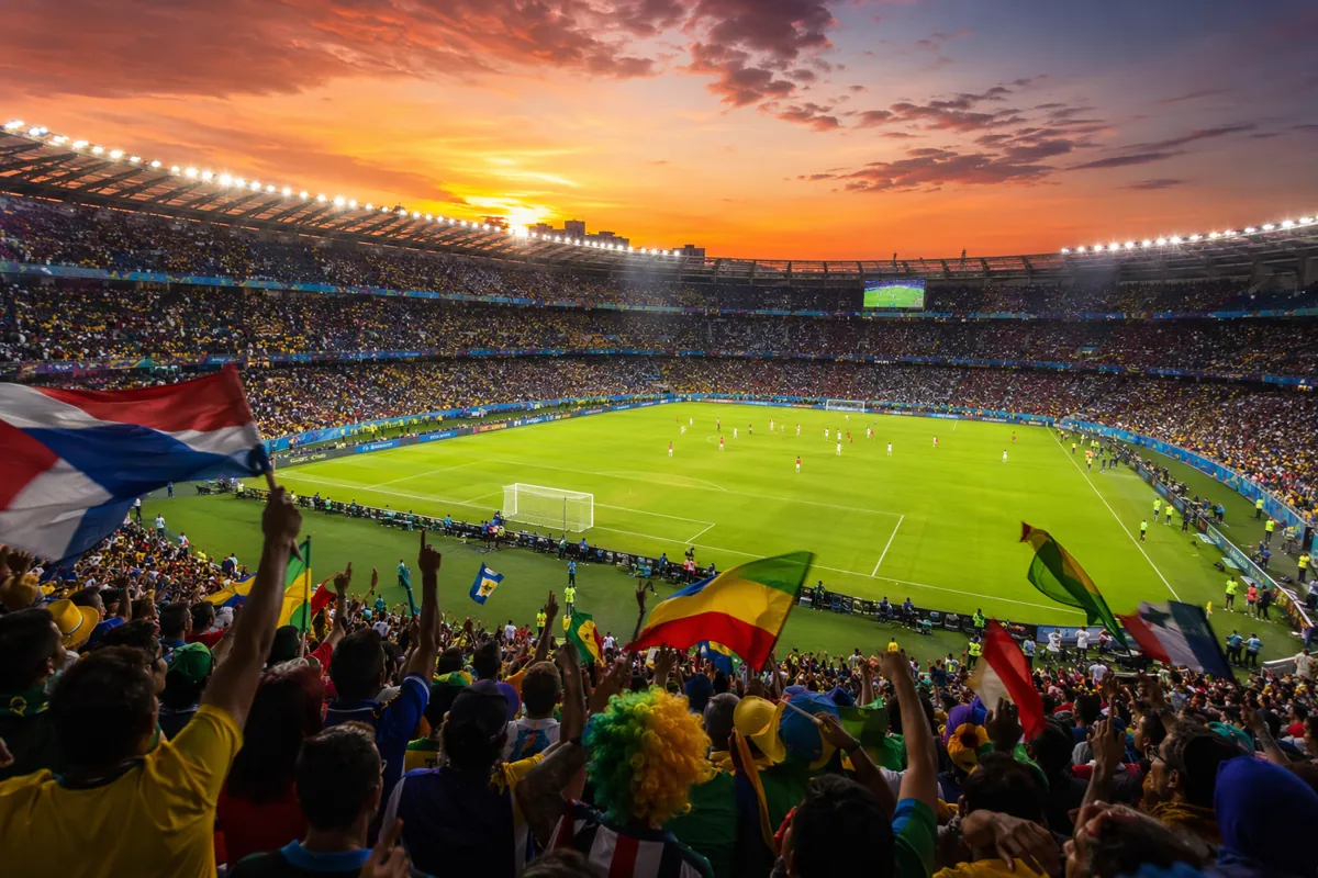 Wide shot of a modern football stadium at sunset, bright floodlights on, colorful flags wa