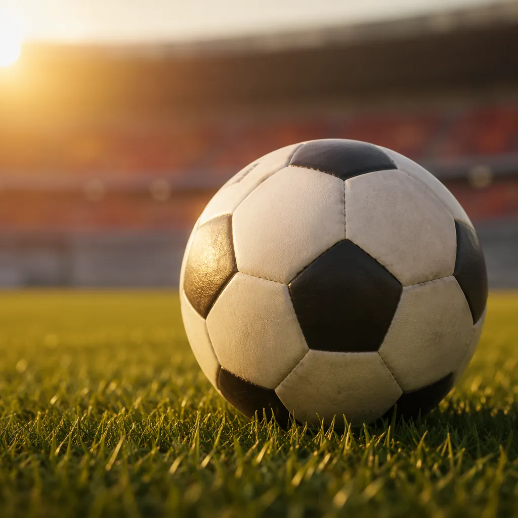Close up shot of a football on a green grass pitch, blurred stadium background,