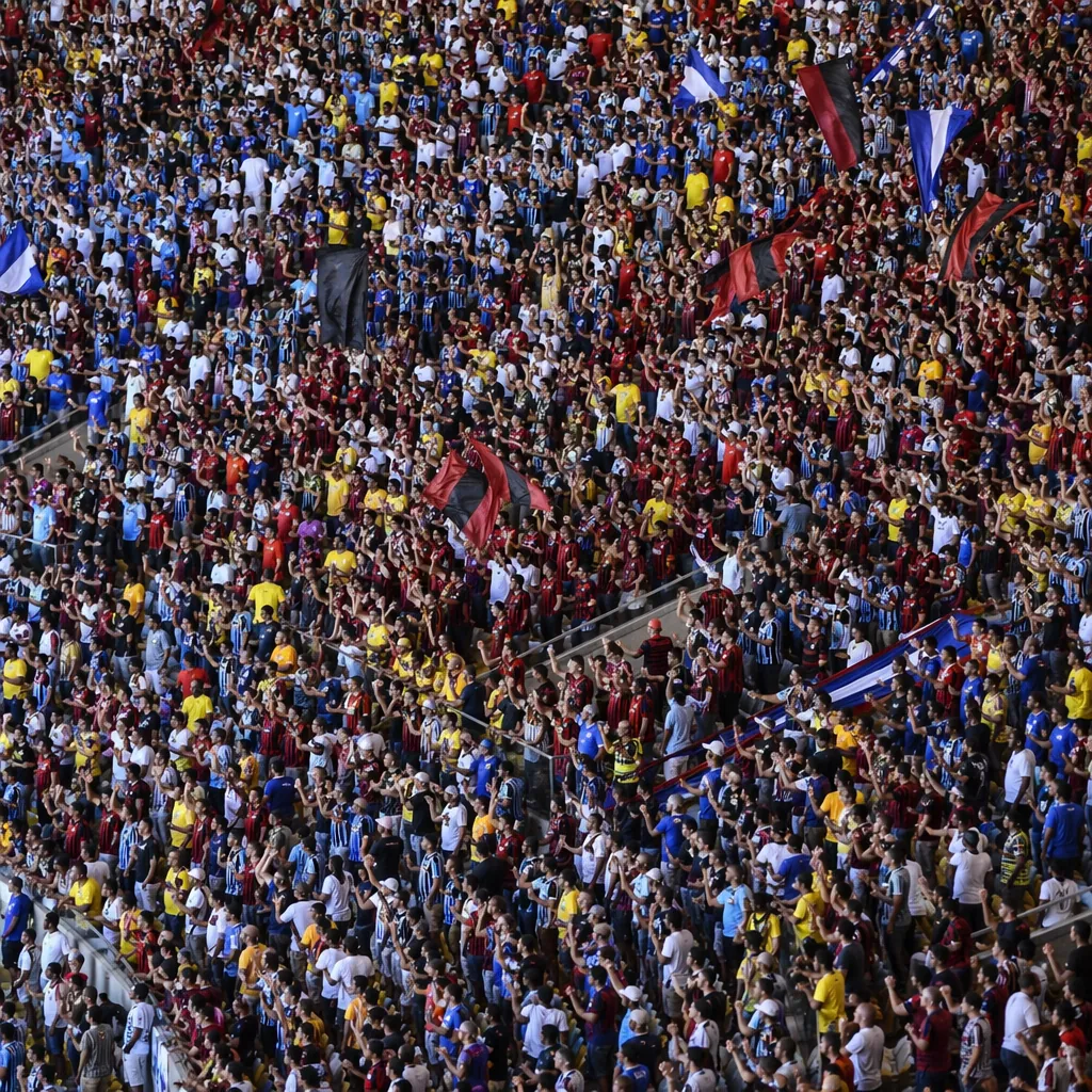 High angle shot of packed football stadium stands with fans wearing colorful tea