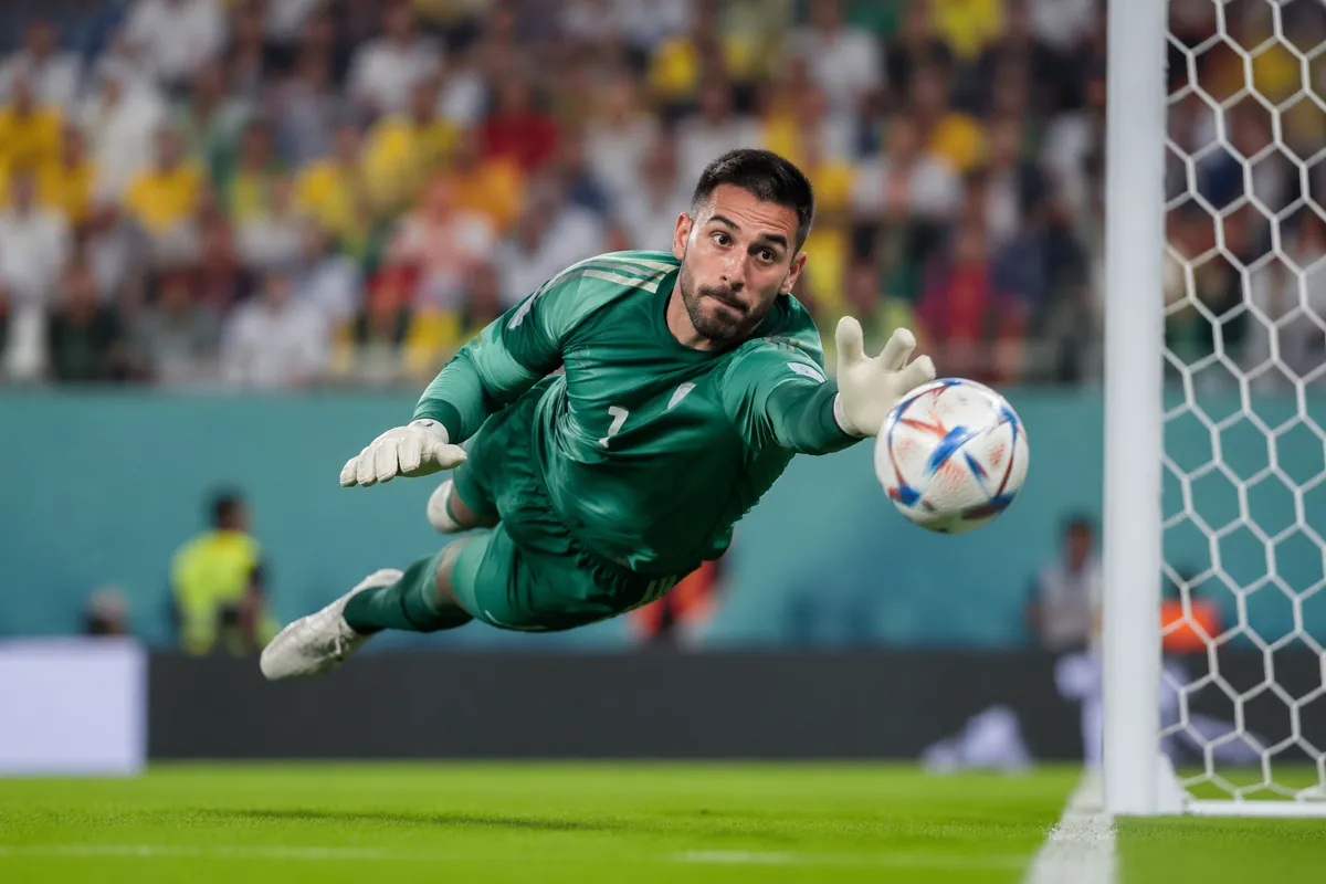 Editorial action shot of a soccer goalkeeper in a generic national team jersey making a di