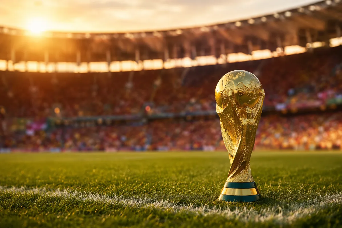 A wide shot of the golden FIFA World Cup trophy placed on a well-maintained green football