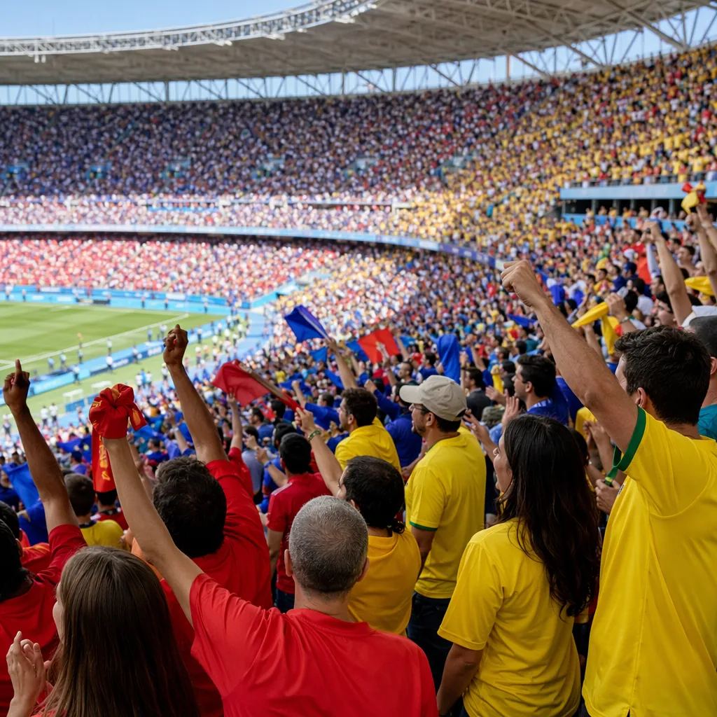 Wide shot of world cup stadium stands with cheering fans, all wearing generic so