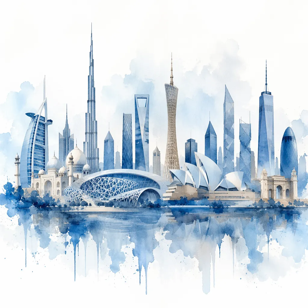 Abstract world cup host city skyline illustration, soft watercolor style, multip