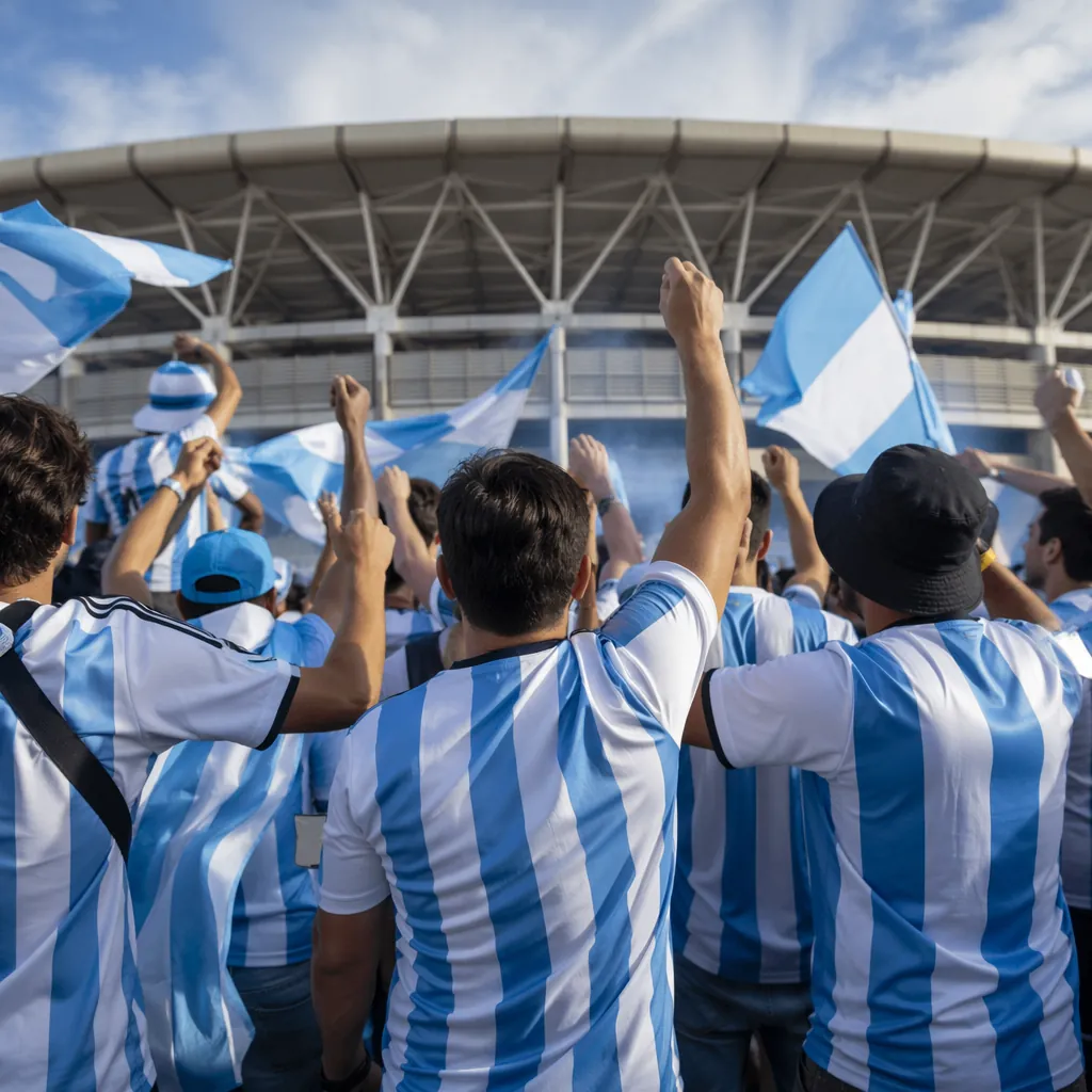 Group of Argentine fans wearing blue and white jerseys cheering outside a stadiu