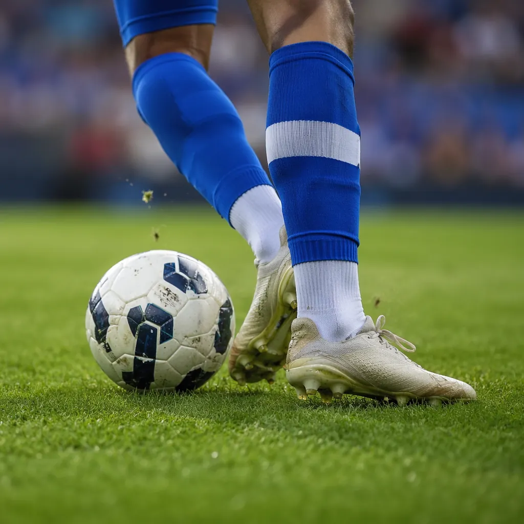 Close up shot of a soccer player's feet dribbling a ball on a well-maintained gr