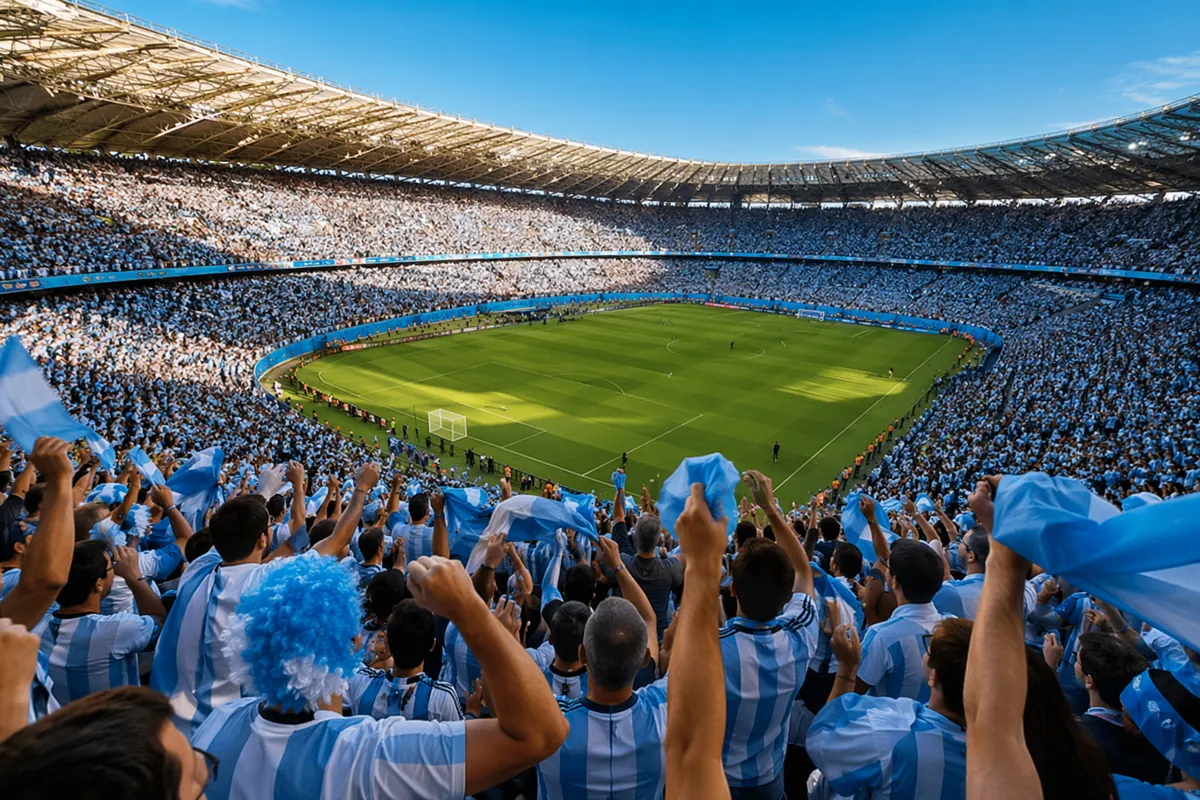 Wide shot of a packed football stadium during daytime, sun shining, fans wearing light blu