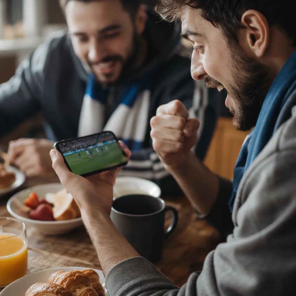 Close up of football fans eating breakfast while watching a football match on a