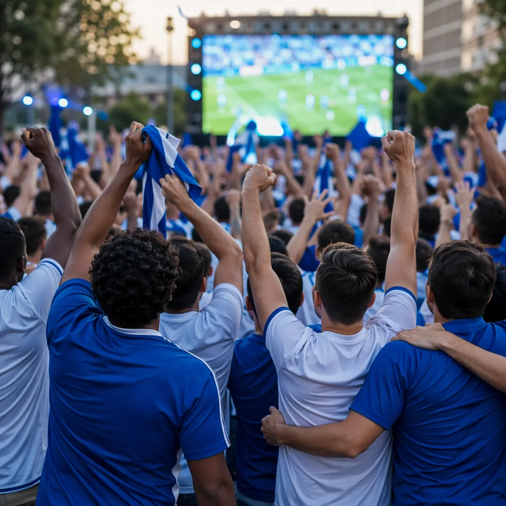 Wide shot of football fans wearing generic blue and white jerseys celebrating in