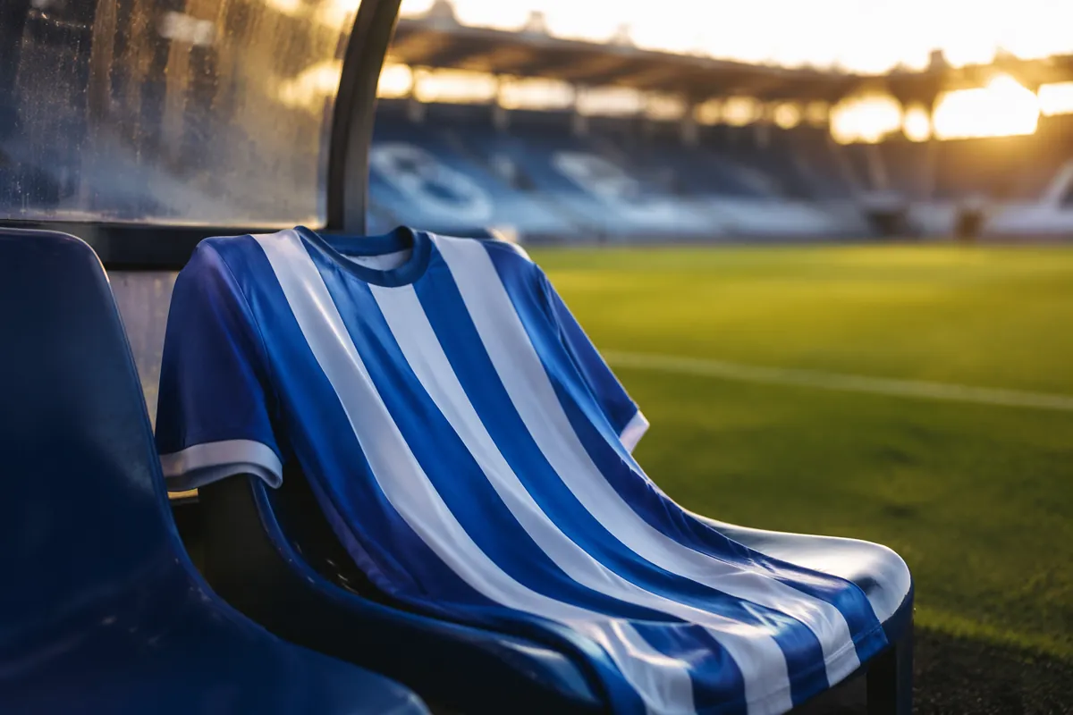 Professional sports news feature image, empty blue and white striped football jersey place