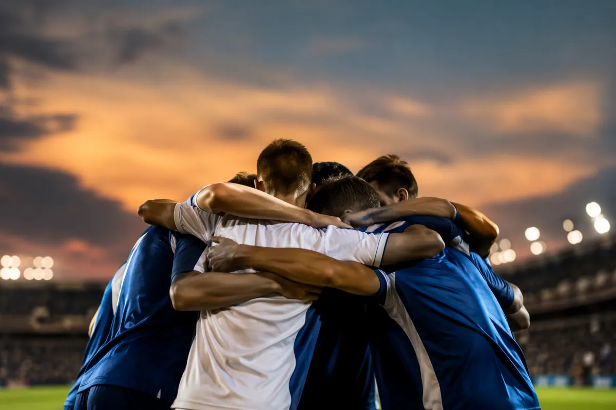 Professional sports news header photo, football stadium at dusk, blurred football players