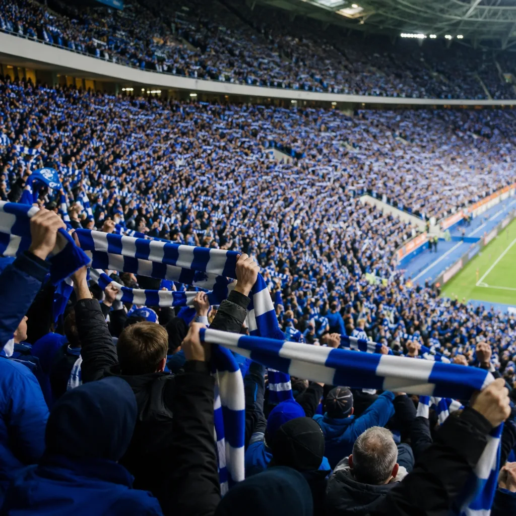 Wide shot of football stadium stands filled with fans wearing blue and white sca