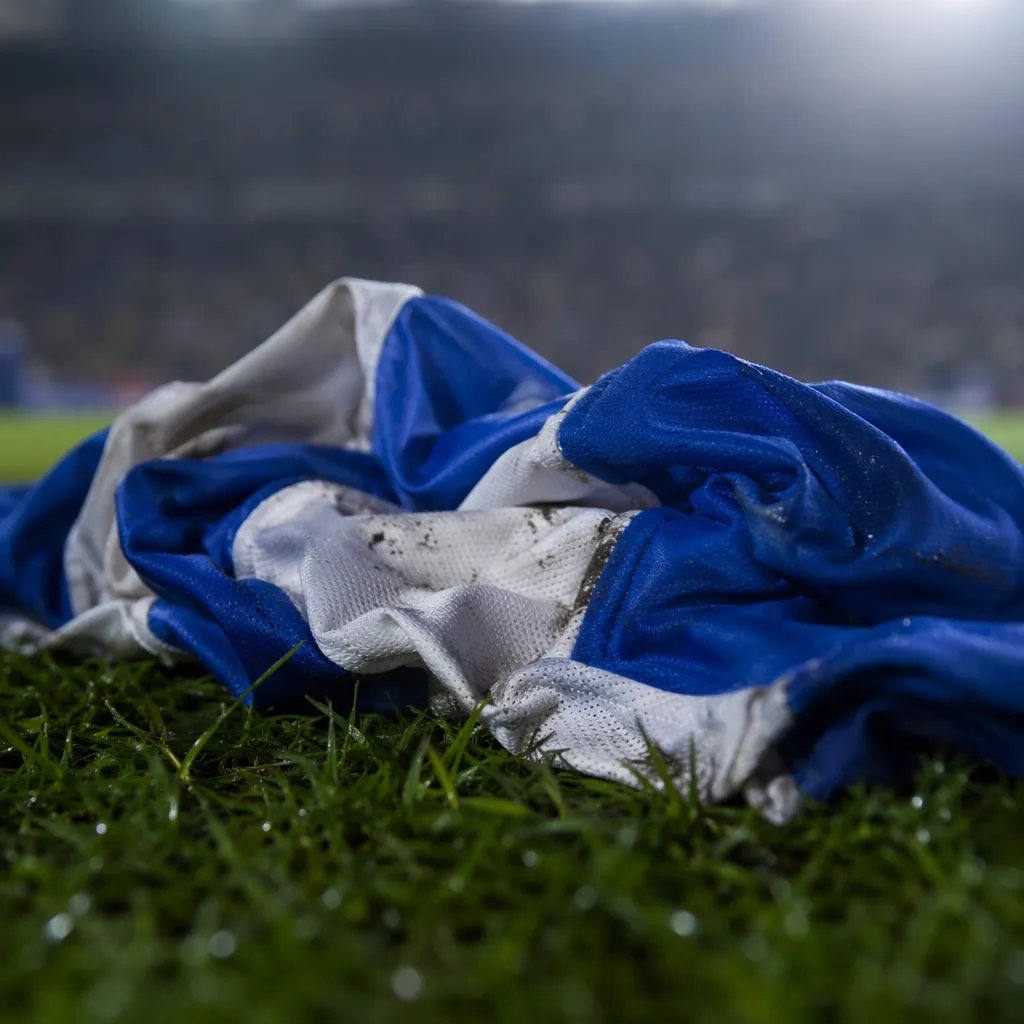 Close up of a crumpled blue and white football jersey on the grass, soft stadium
