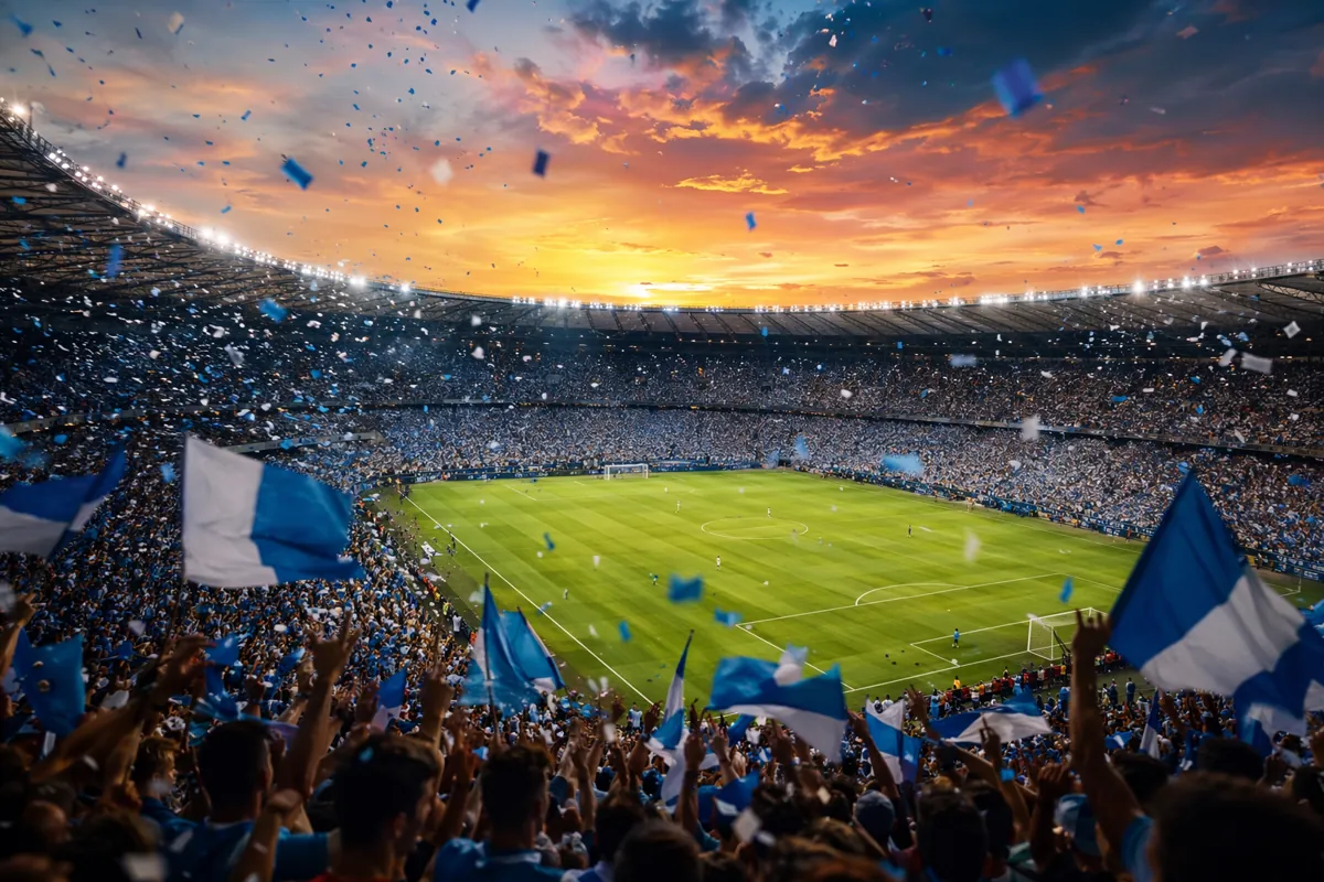 Wide shot of a packed football stadium during World Cup final, blue and white confetti fal