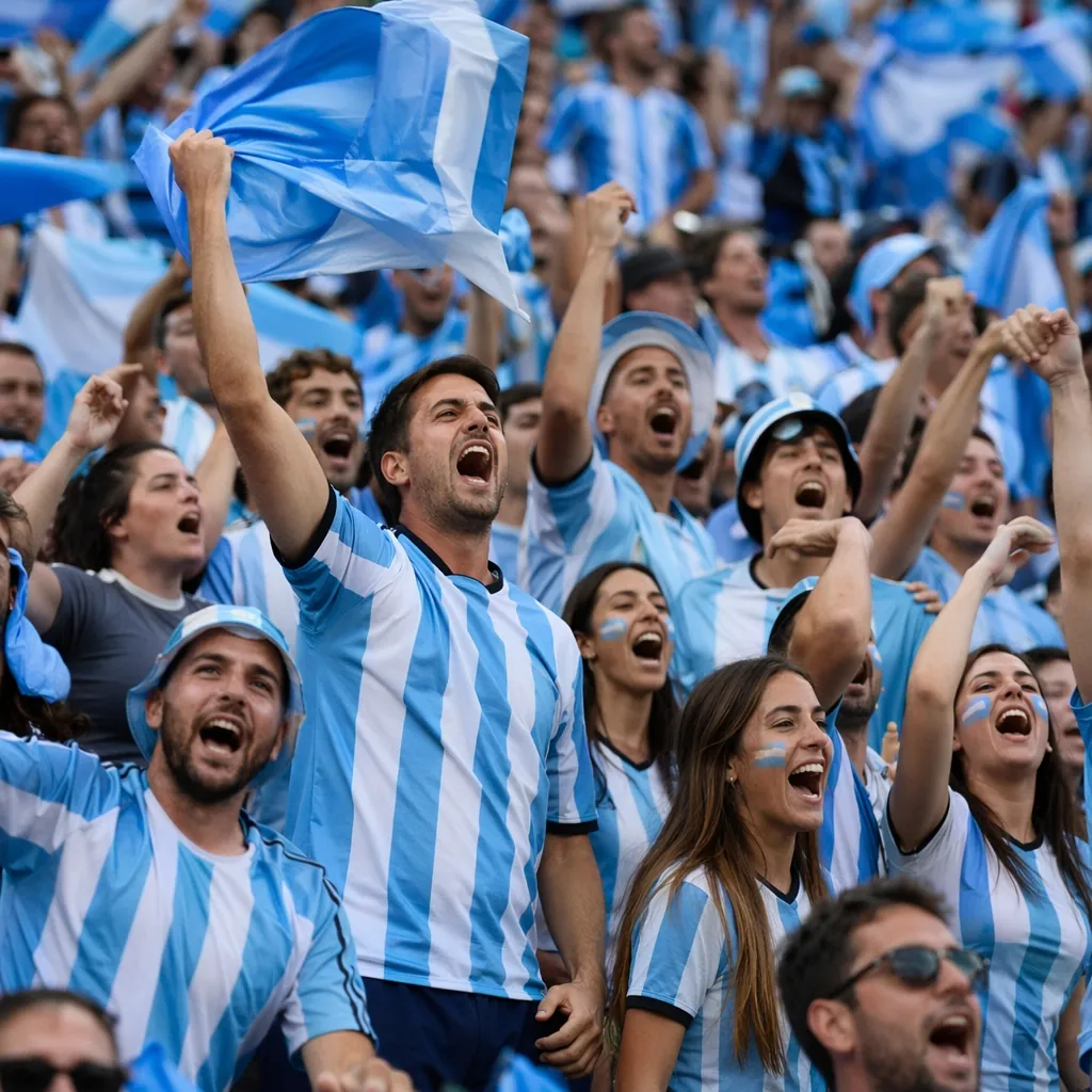 Argentina football team fans cheering in the stands, wearing blue and white jers