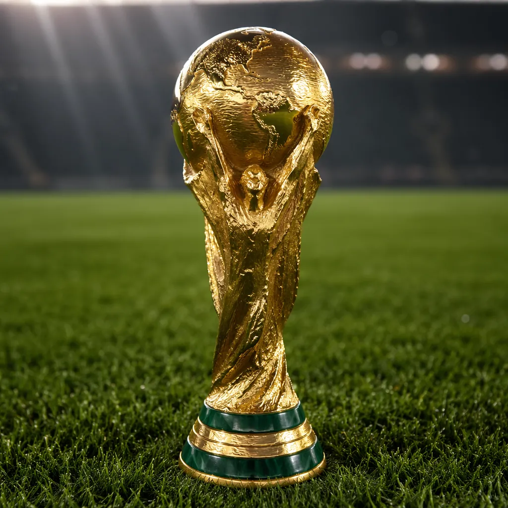 Close up of the World Cup trophy on a green football pitch, soft stadium lightin