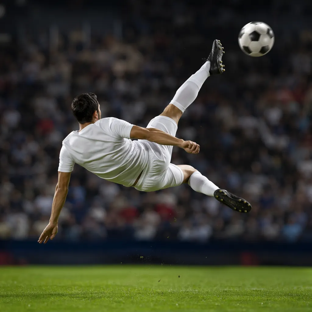 Action shot of a generic football player mid-air performing a bicycle kick on a