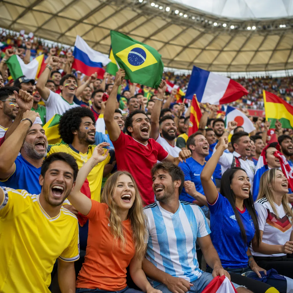 Wide shot of a group of generic football fans celebrating in a stadium, wearing