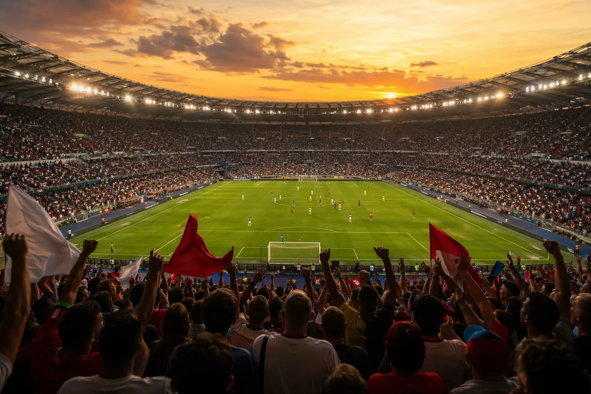Professional sports news header image, wide shot of a soccer stadium during a friendly mat