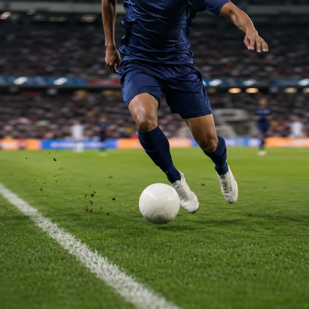 Action shot of a soccer player dribbling down the left wing during a professiona