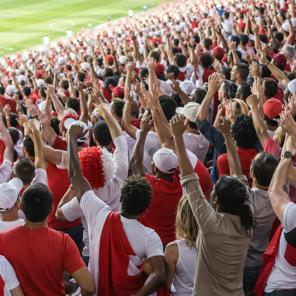 Wide shot of diverse football fans cheering in the stadium stands, wearing red a