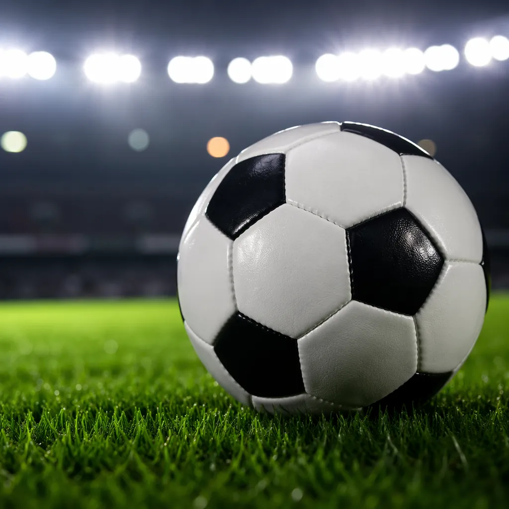 Close up shot of a soccer ball resting on well-maintained green grass pitch, sta