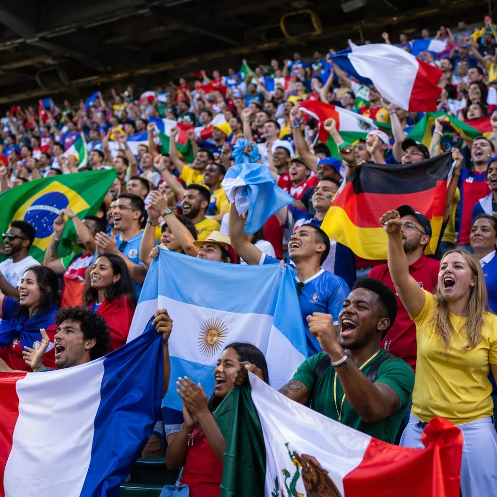 Wide shot of diverse group of generic soccer fans waving colorful national flags