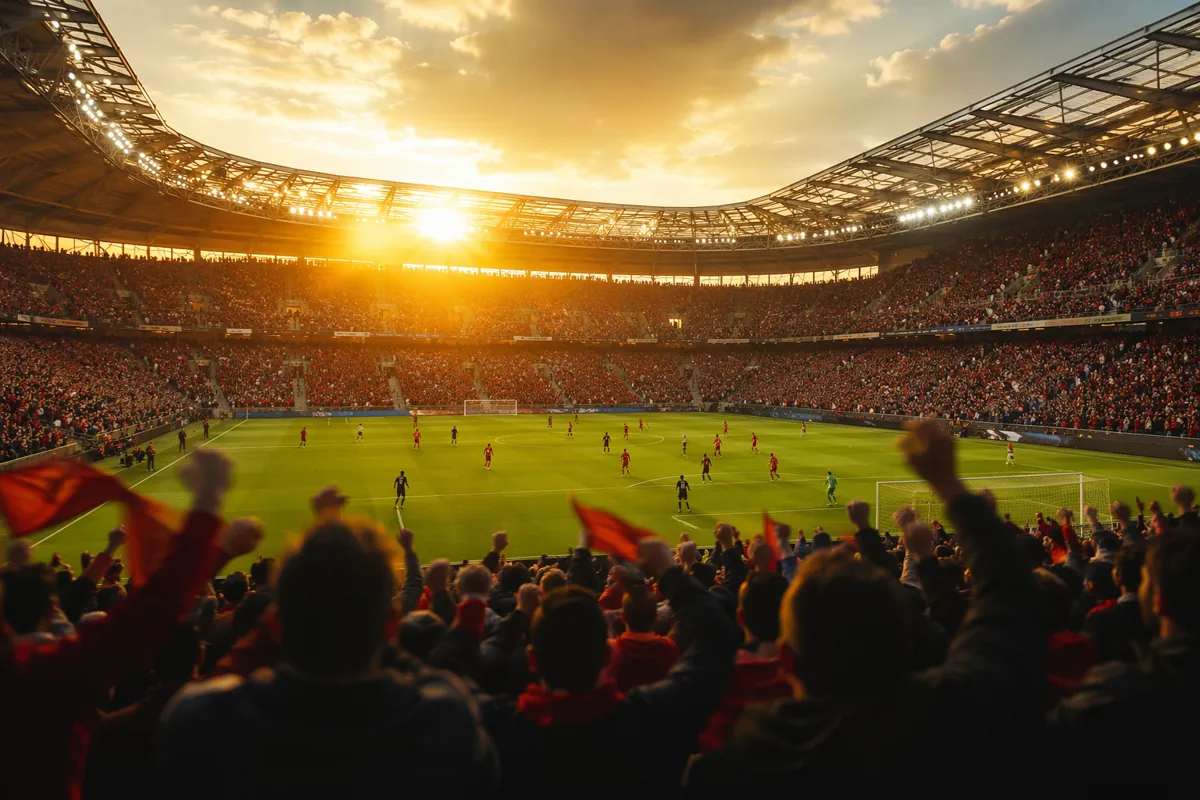 Wide shot of a modern football stadium at golden hour, blurred silhouettes of football pla