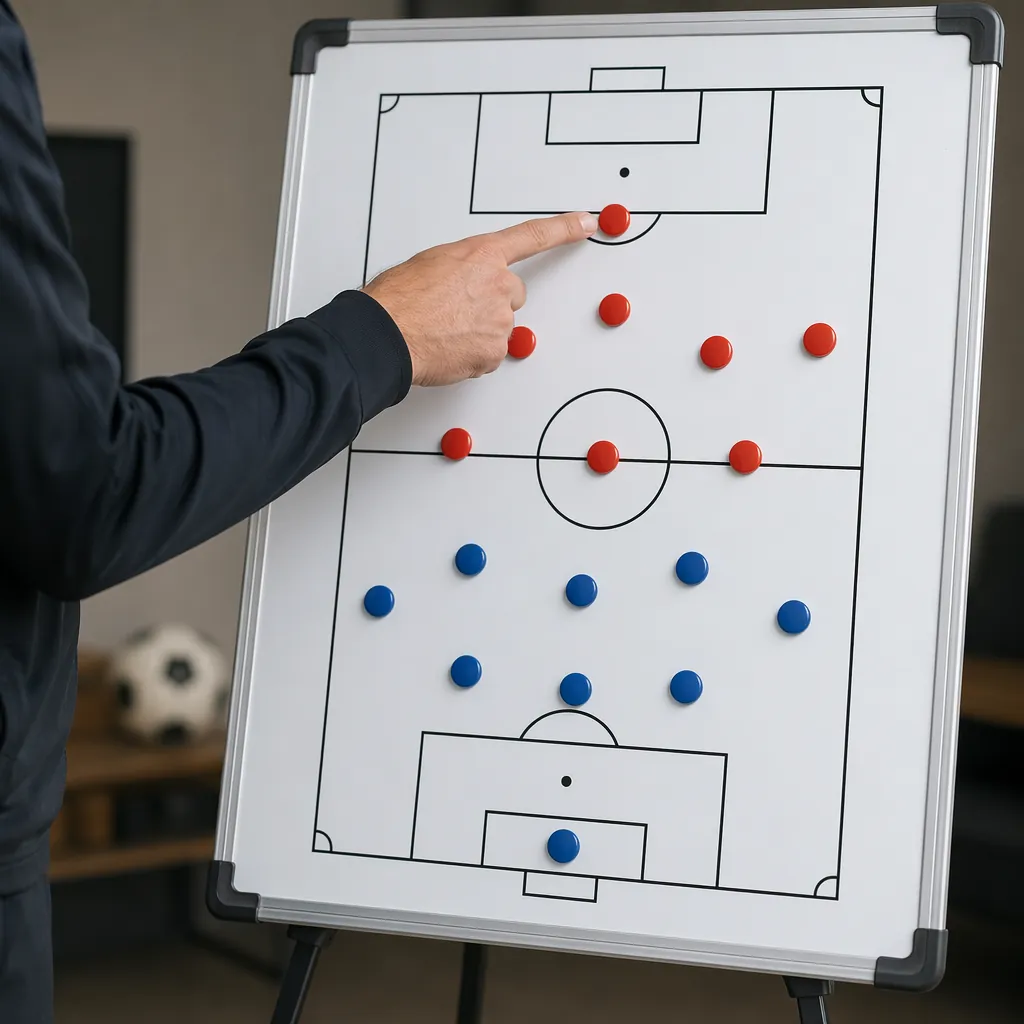 Mid shot of a football tactics whiteboard with offensive formation diagrams, coa