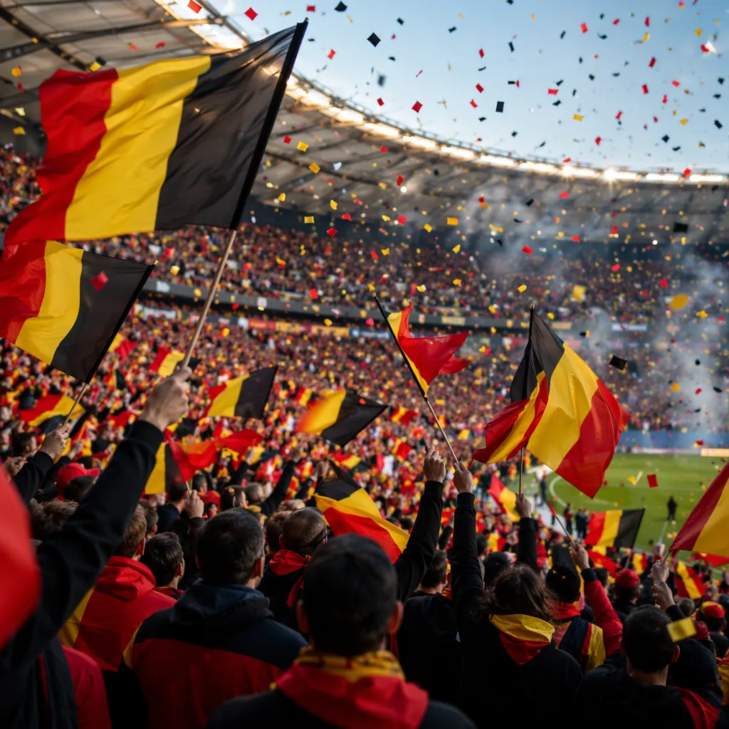 Wide shot of football fans waving Belgian national flags in stadium stands, colo