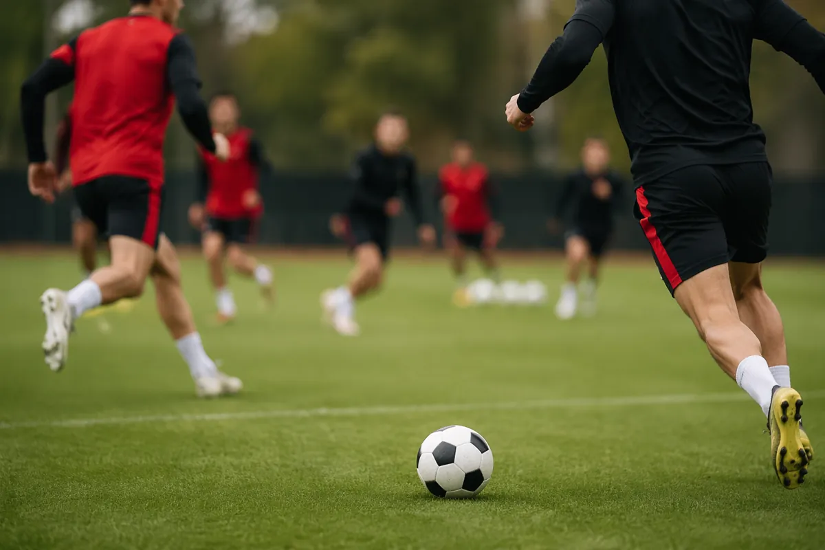 Professional sports news header image, blurred background of a football training pitch wit