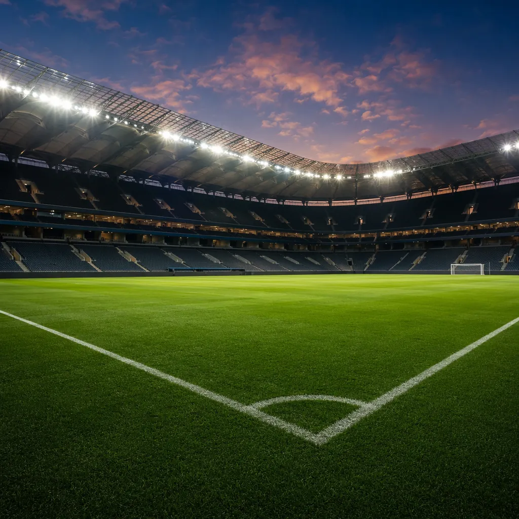 Wide shot of a modern football stadium at dusk, empty green pitch, bright stadiu