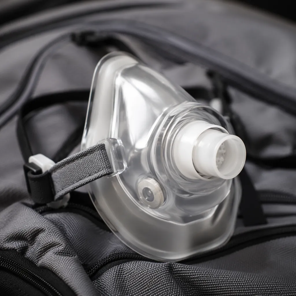 Close up of a generic oxygen mask used for sports recovery, placed on a grey spo