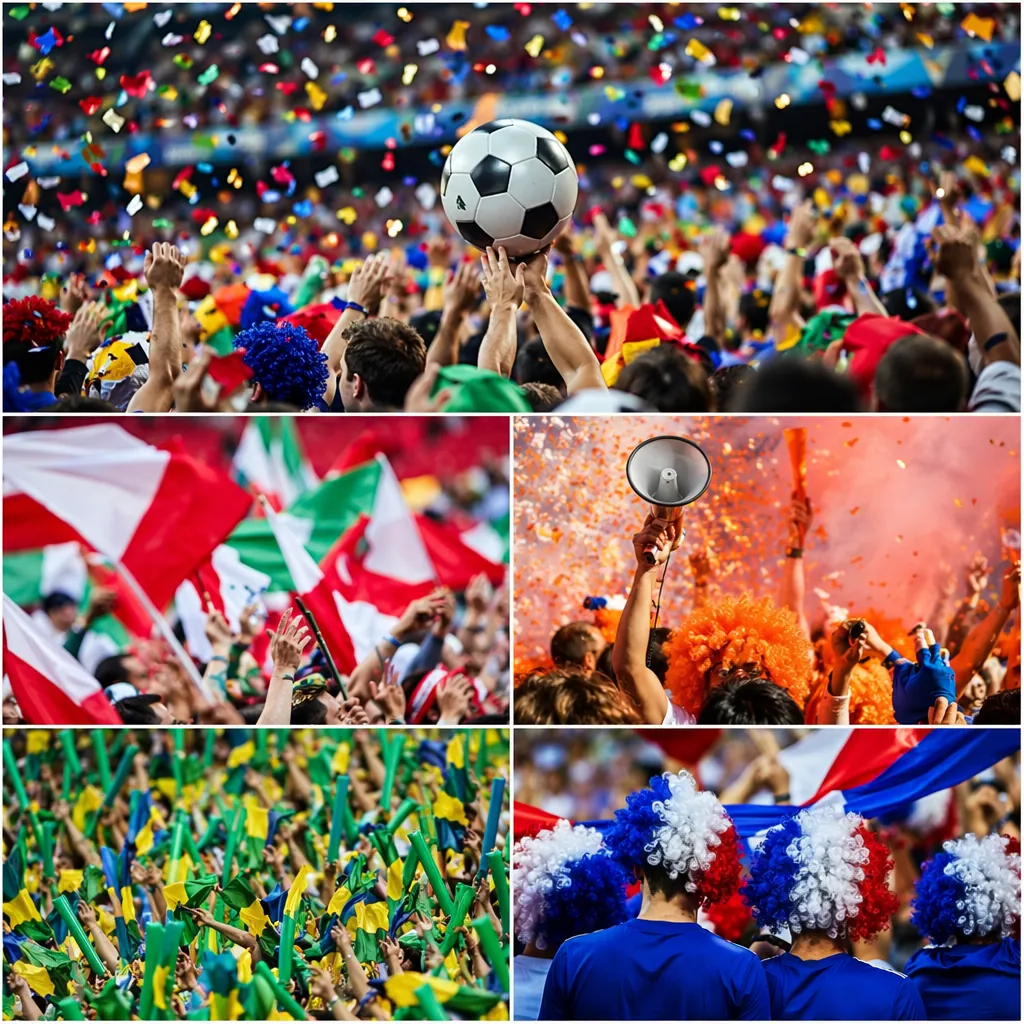 Colorful football fan gatherings with various creative cheering props, no identi