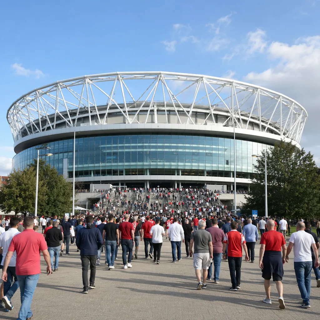 Wide shot of a modern football stadium exterior with crowds of fans walking towa