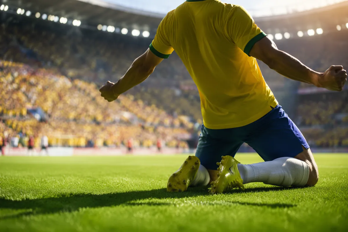 Professional sports news header image, dynamic shot of a football striker celebrating a go