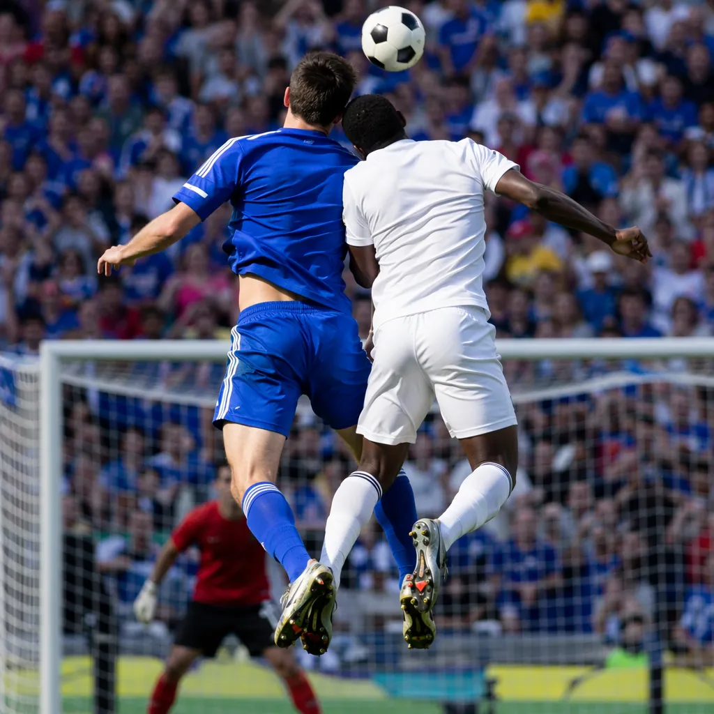 Dynamic action shot of two football players competing for a header in the penalt