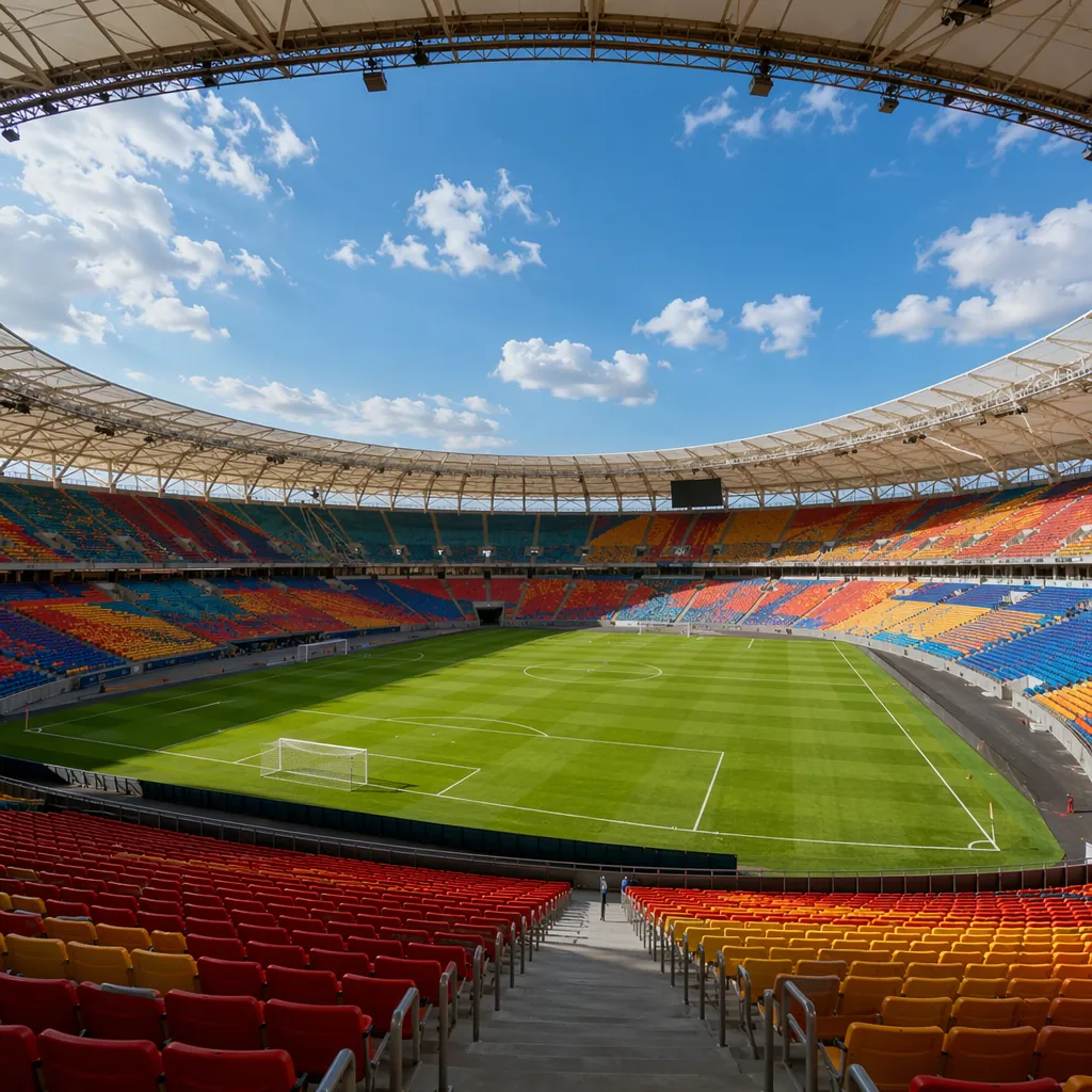 Wide shot of a modern World Cup football stadium with blue sky, empty green pitc