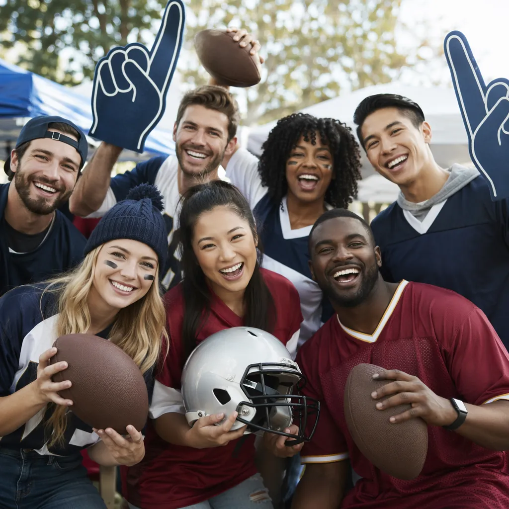 Group of diverse fans holding custom football memorabilia, casual outdoor settin