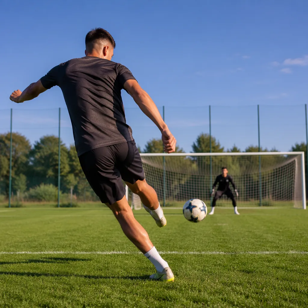 Football players practicing shooting on a sunlit training ground, professional s