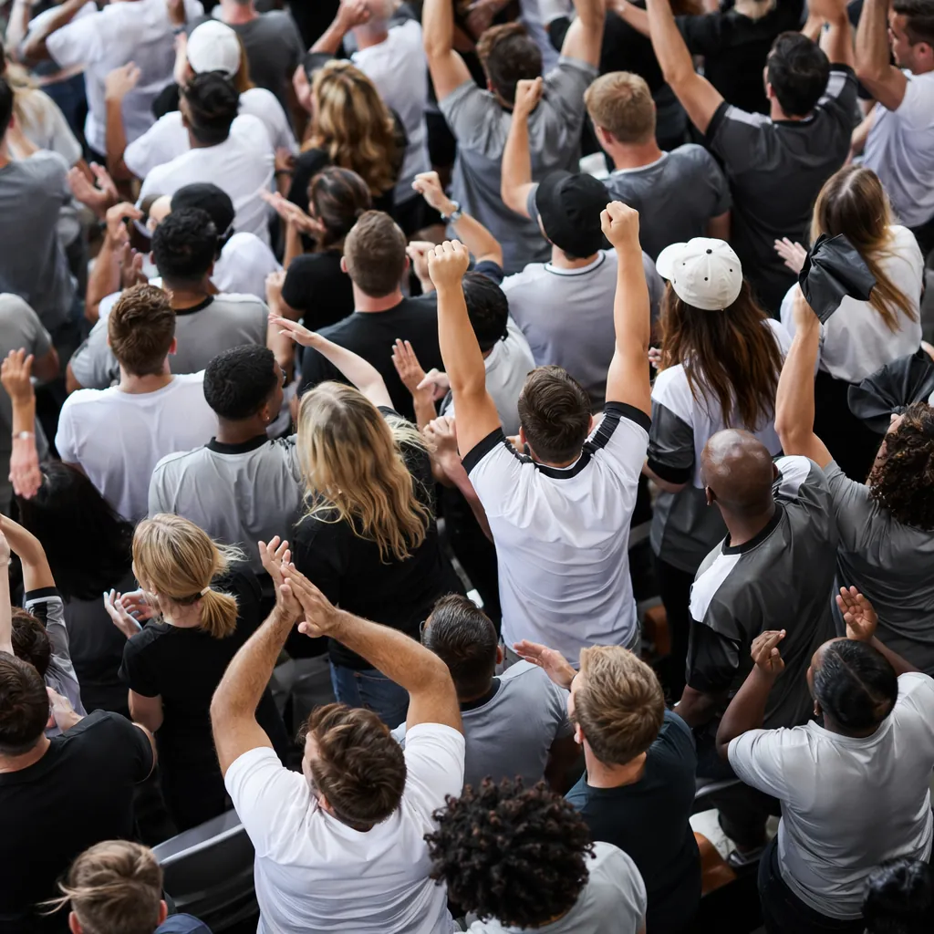 High angle shot of a group of football fans wearing neutral color jerseys cheeri