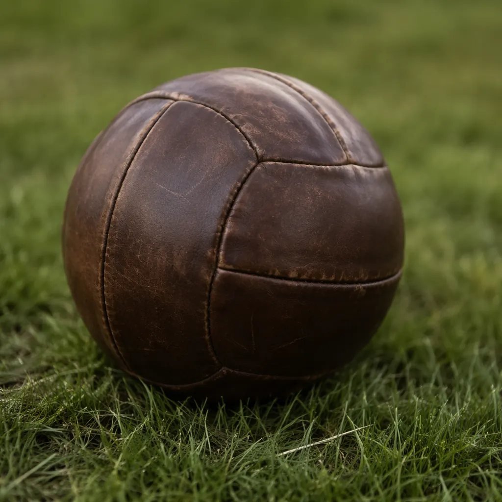 Close up of a classic leather soccer ball resting on grass, soft natural dayligh
