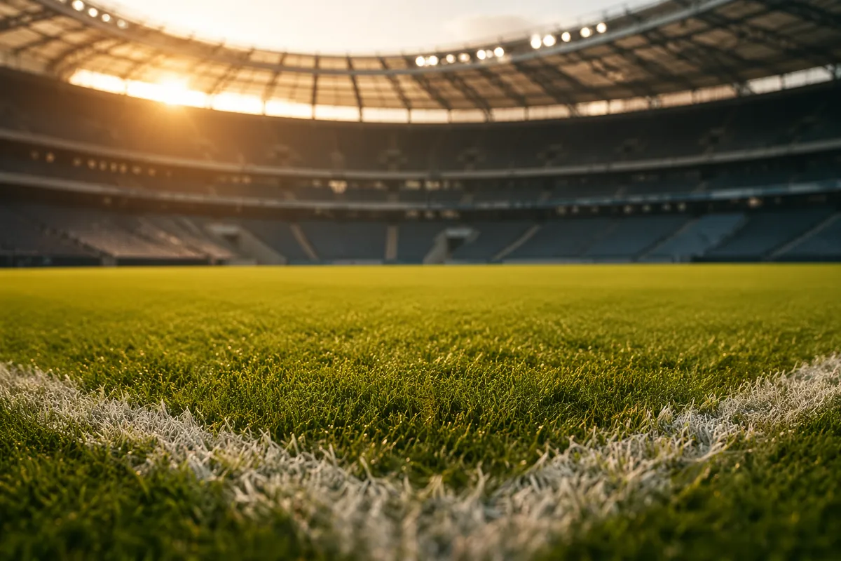 Professional football pitch with green grass, blurred stadium seating in background, warm