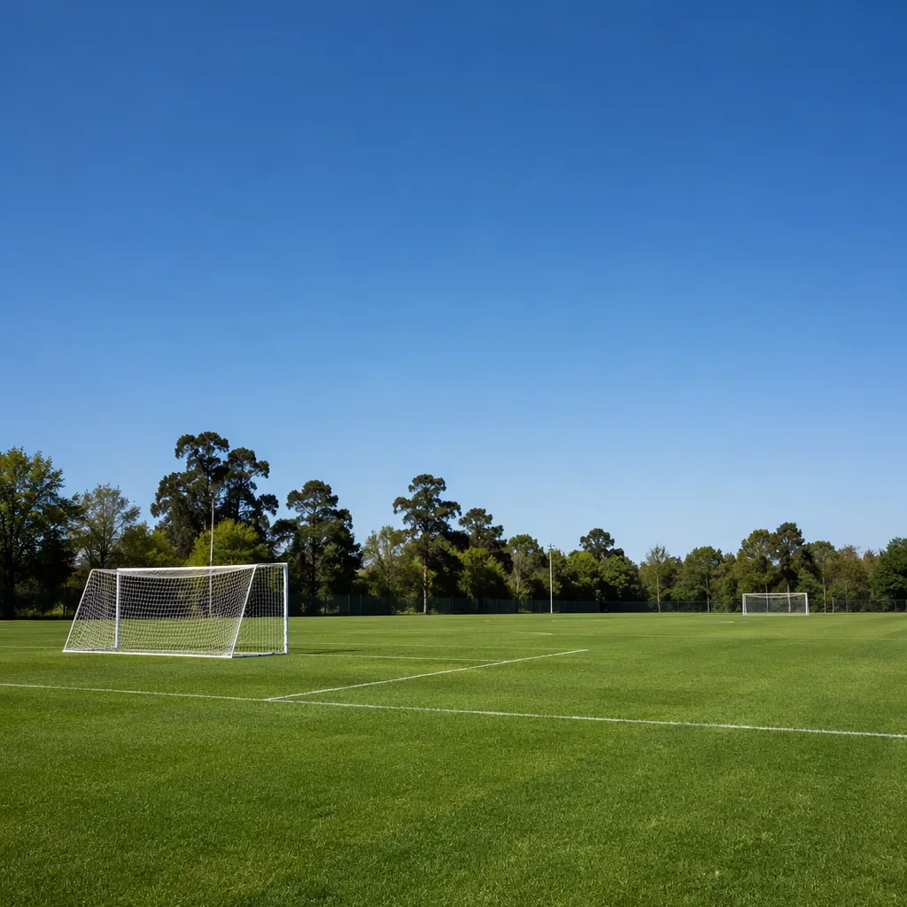 Empty football training ground with white goalposts, clear blue sky, natural lig
