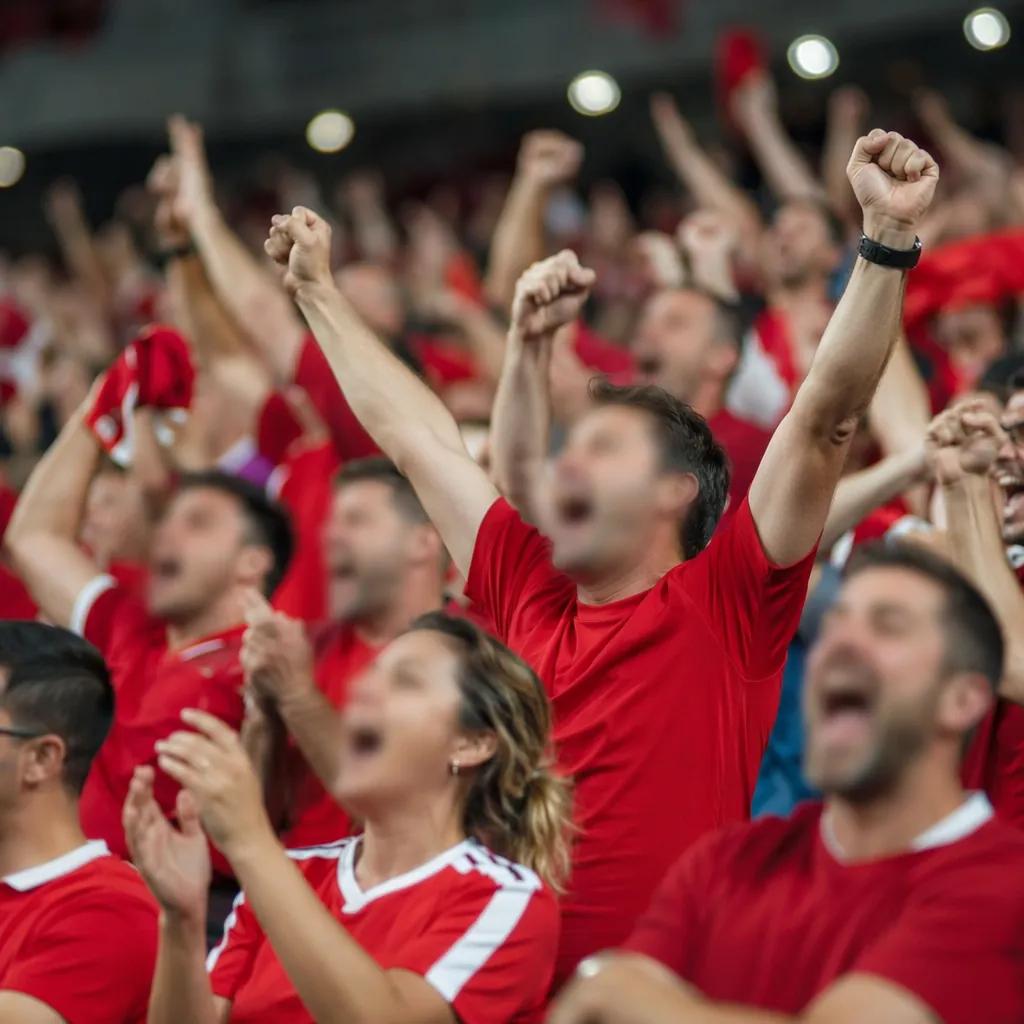 Group of anonymous football fans wearing generic red jerseys cheering, blurred f