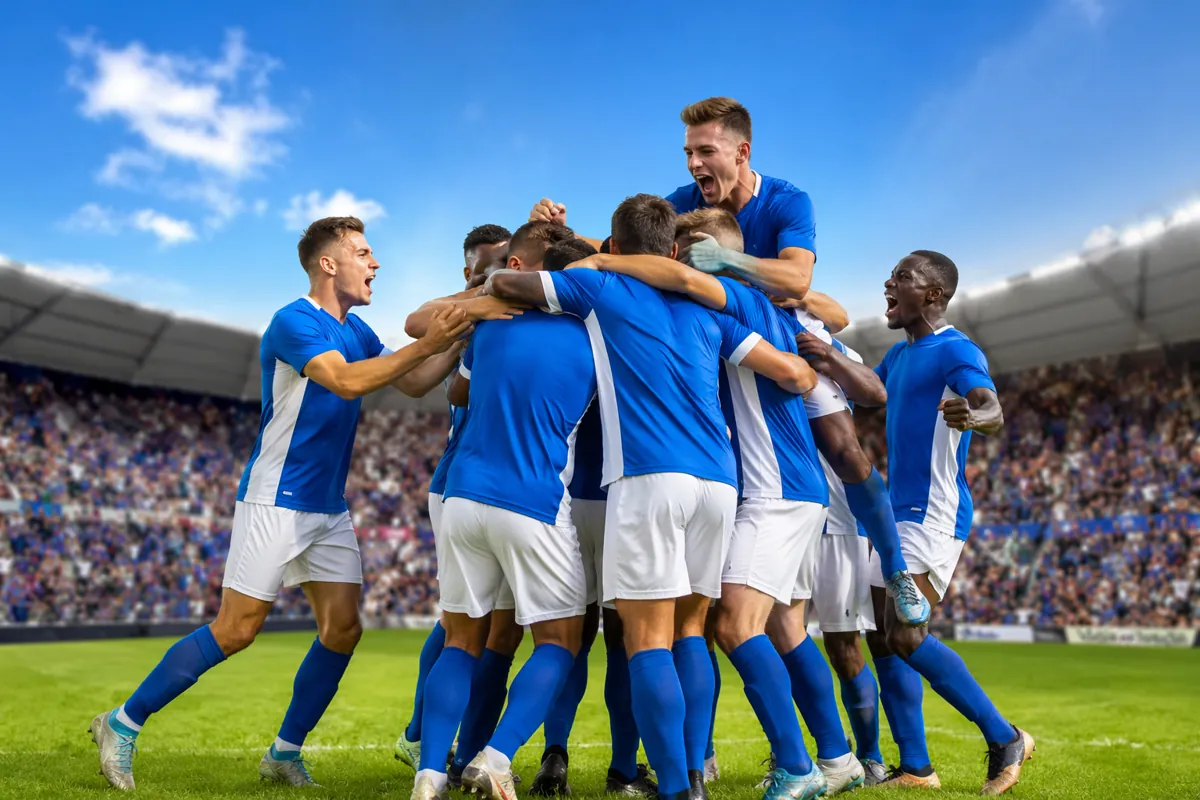 Wide shot of a group of football players in blue and white jerseys celebrating on a green