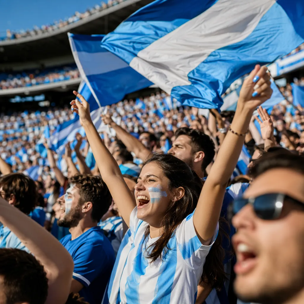 Football fans waving blue and white national flags in a stadium, cheering loudly
