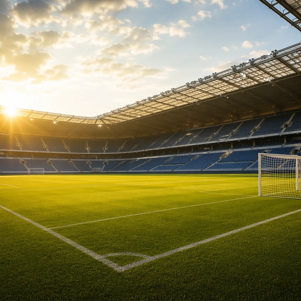 Empty modern football stadium with neatly trimmed green grass, goalposts in view
