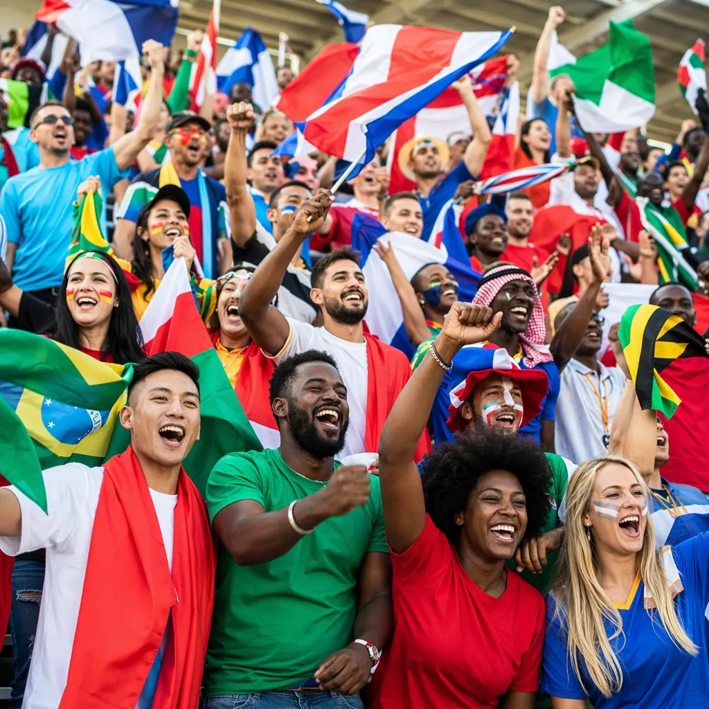 Wide shot of diverse football fans cheering in stadium stands, waving generic na
